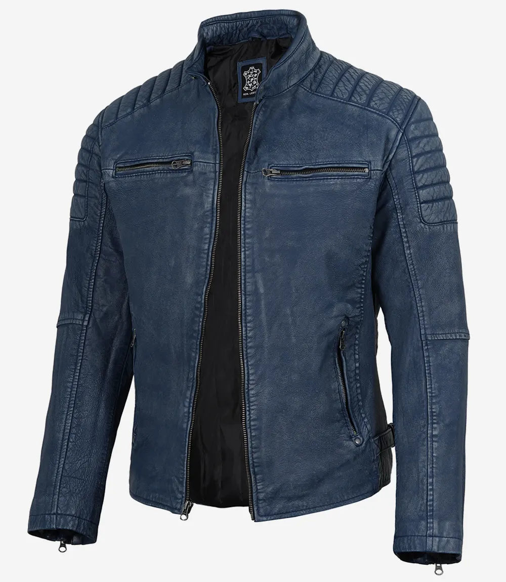 Men's Washed Blue Distressed Lambskin Biker Jacket