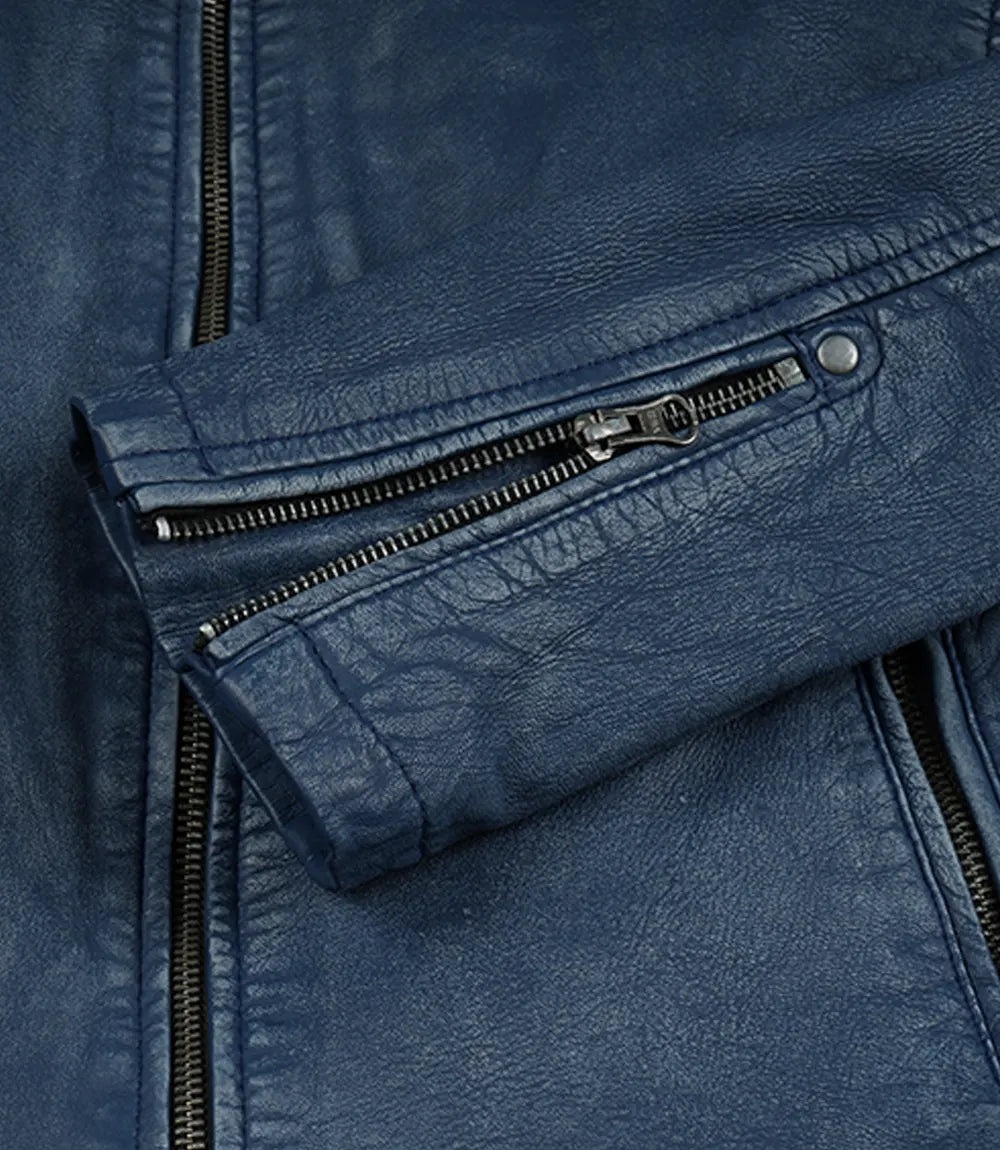 Men's Washed Blue Distressed Lambskin Biker Jacket