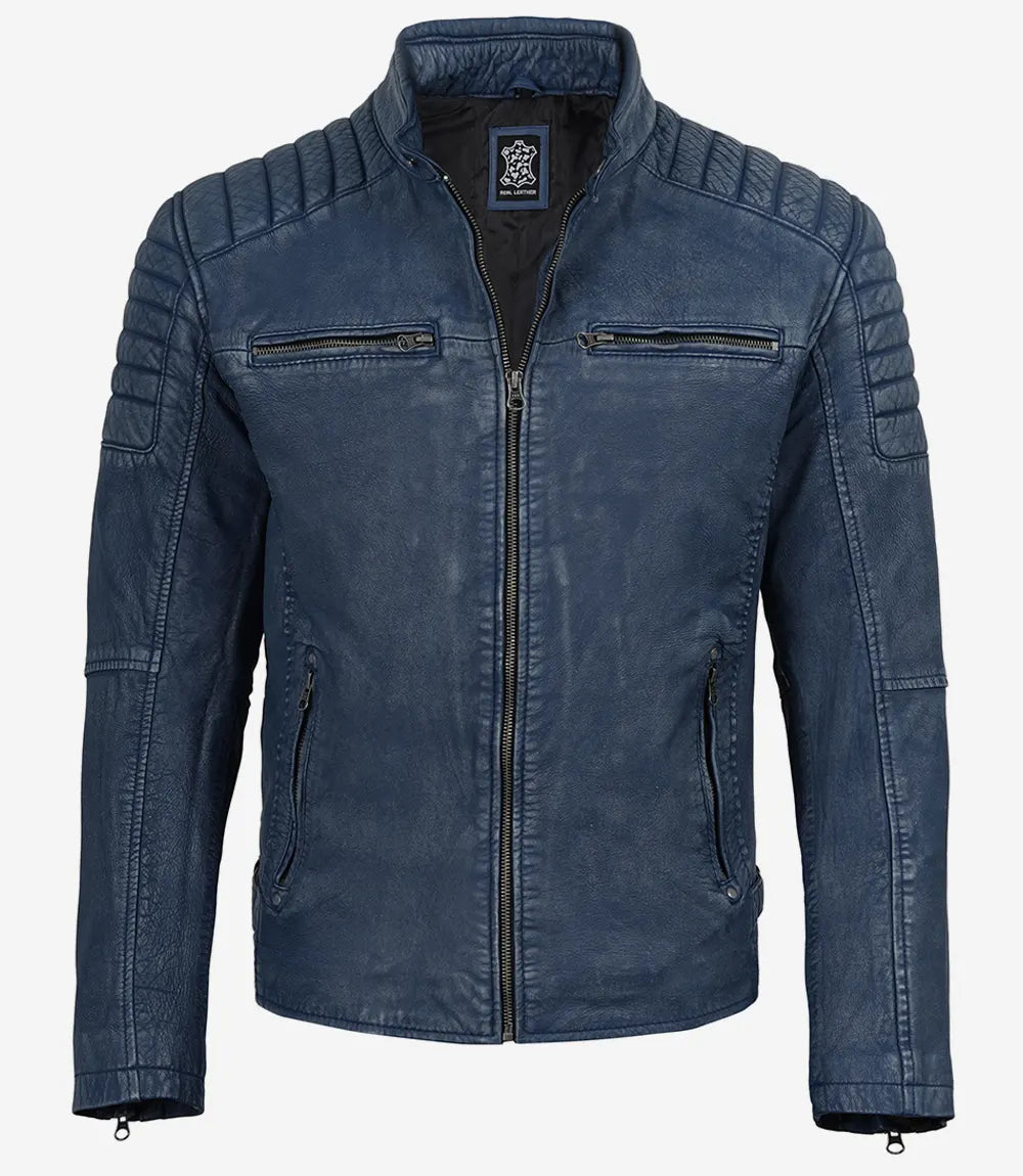 Men's Washed Blue Distressed Lambskin Biker Jacket