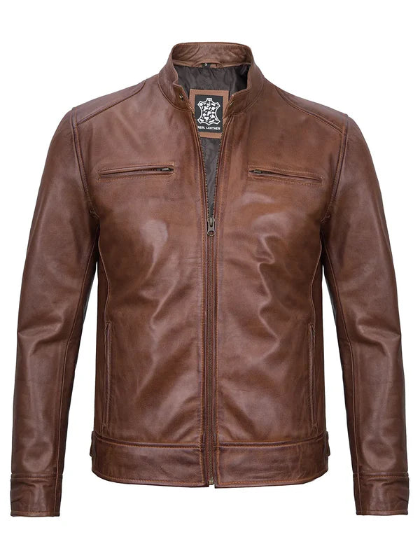 Dodge Men's Cognac Cafe Racer Leather Jacket