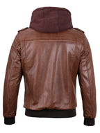 Edinburgh Mens Brown Bomber Leather Jacket With Removable Hood
