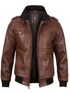 Edinburgh Mens Brown Bomber Leather Jacket With Removable Hood
