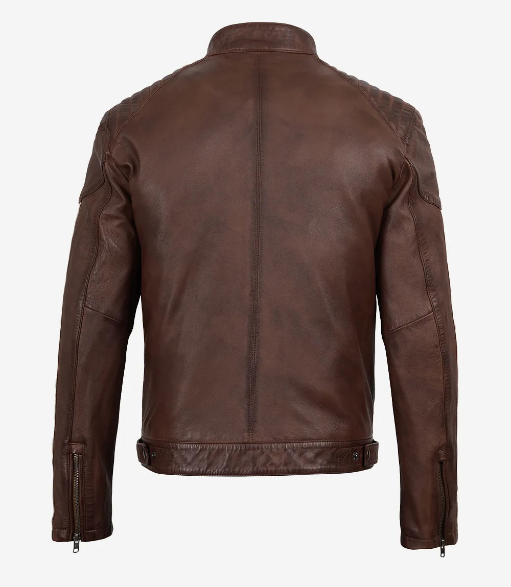Men's Cognac Waxed Biker Style Jacket - Striped Sleeves