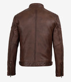 Men's Cognac Waxed Biker Style Jacket - Striped Sleeves