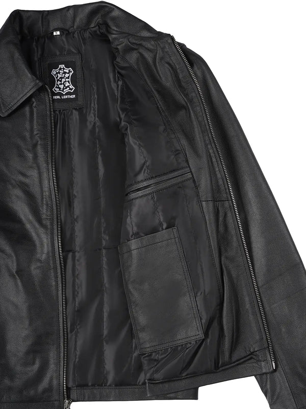 Men's Black Shirt Collar Cowhide Leather Jacket