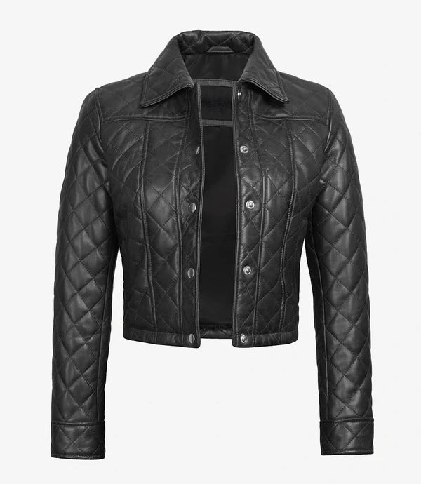 Womens Quilted Black Cropped Leather Jacket