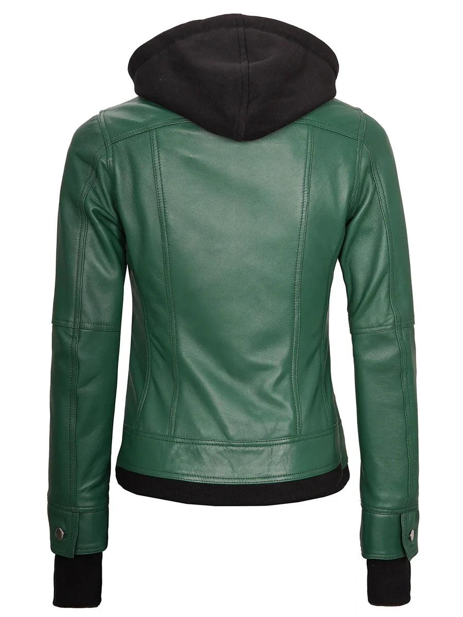 Tralee Women's Green Real Leather Jacket with Hood