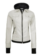 Womens Off White Biker Style Leather Jacket with Hood