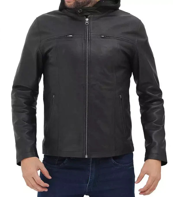 Mens Black Cafe Racer Leather Jacket with Removable Hood