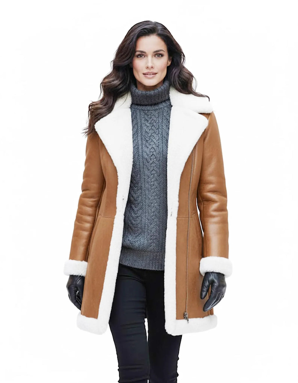 Women’s Genuine Sheepskin Leather Shearling Coat – Real Fur Lined Long Winter Jacket