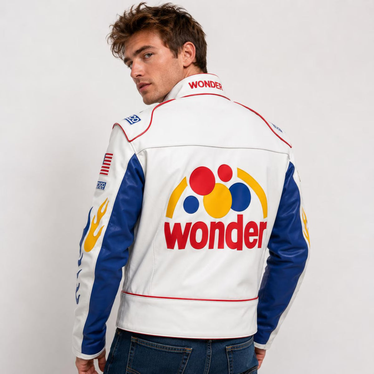 Men’s Ricky Bobby Wonder Racing Jacket – White Faux Leather Motorsport Jacket