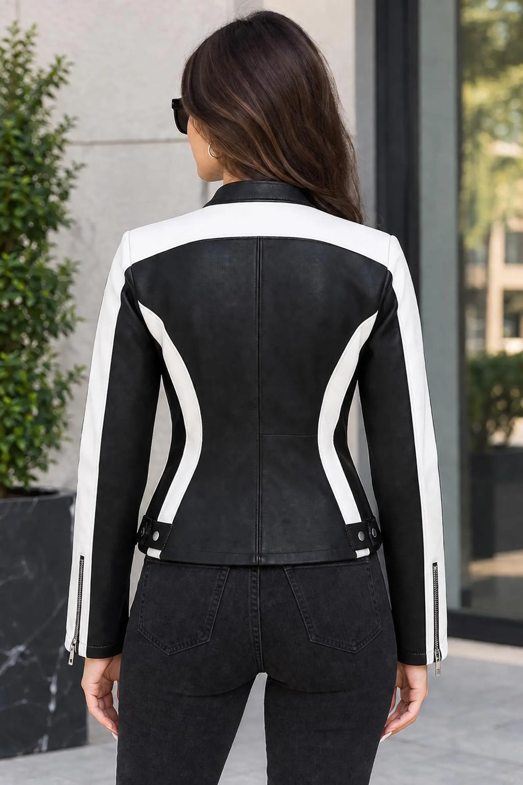 Women's Black & White Sheepskin Leather Biker Jacket