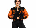 Women’s Halloween "Trick or Treat" Pumpkin Varsity Jacket – Wool Body with PU Leather Sleeves