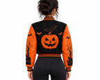 Women’s Halloween "Trick or Treat" Pumpkin Varsity Jacket – Wool Body with PU Leather Sleeves