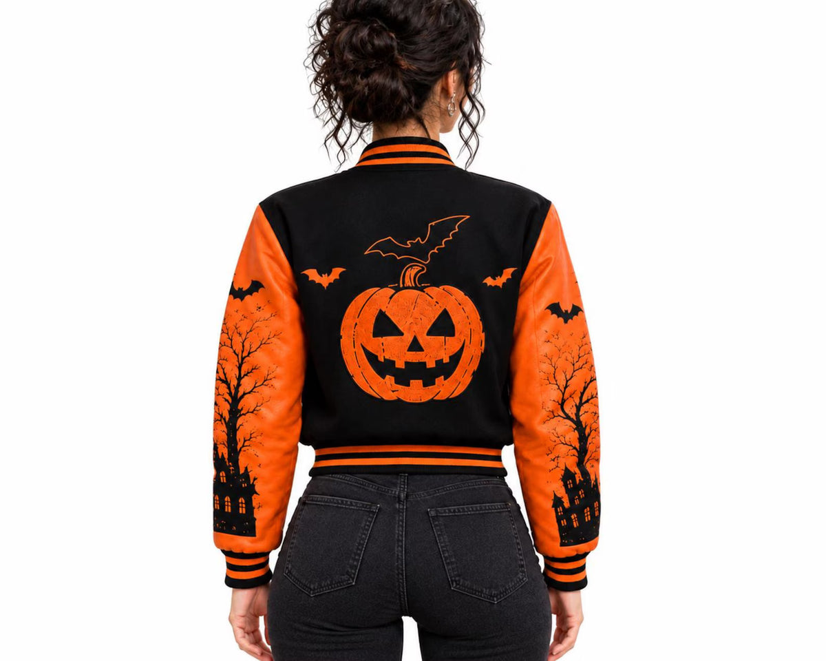 Women’s Halloween "Trick or Treat" Pumpkin Varsity Jacket – Wool Body with PU Leather Sleeves