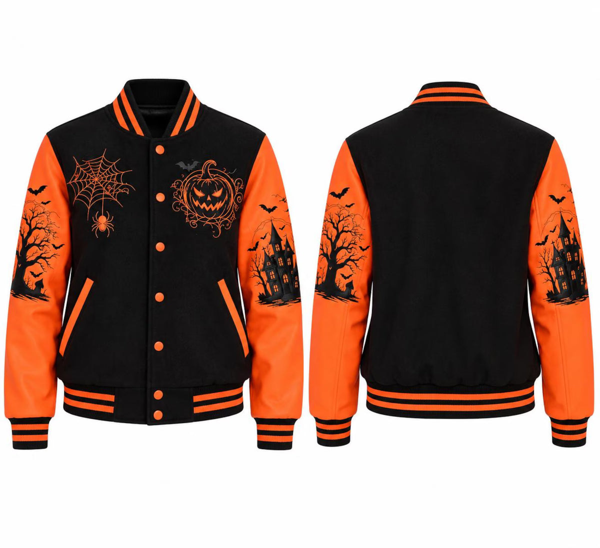 Women's Halloween Varsity Jacket – Black & Orange Wool Body with PU Leather Sleeves