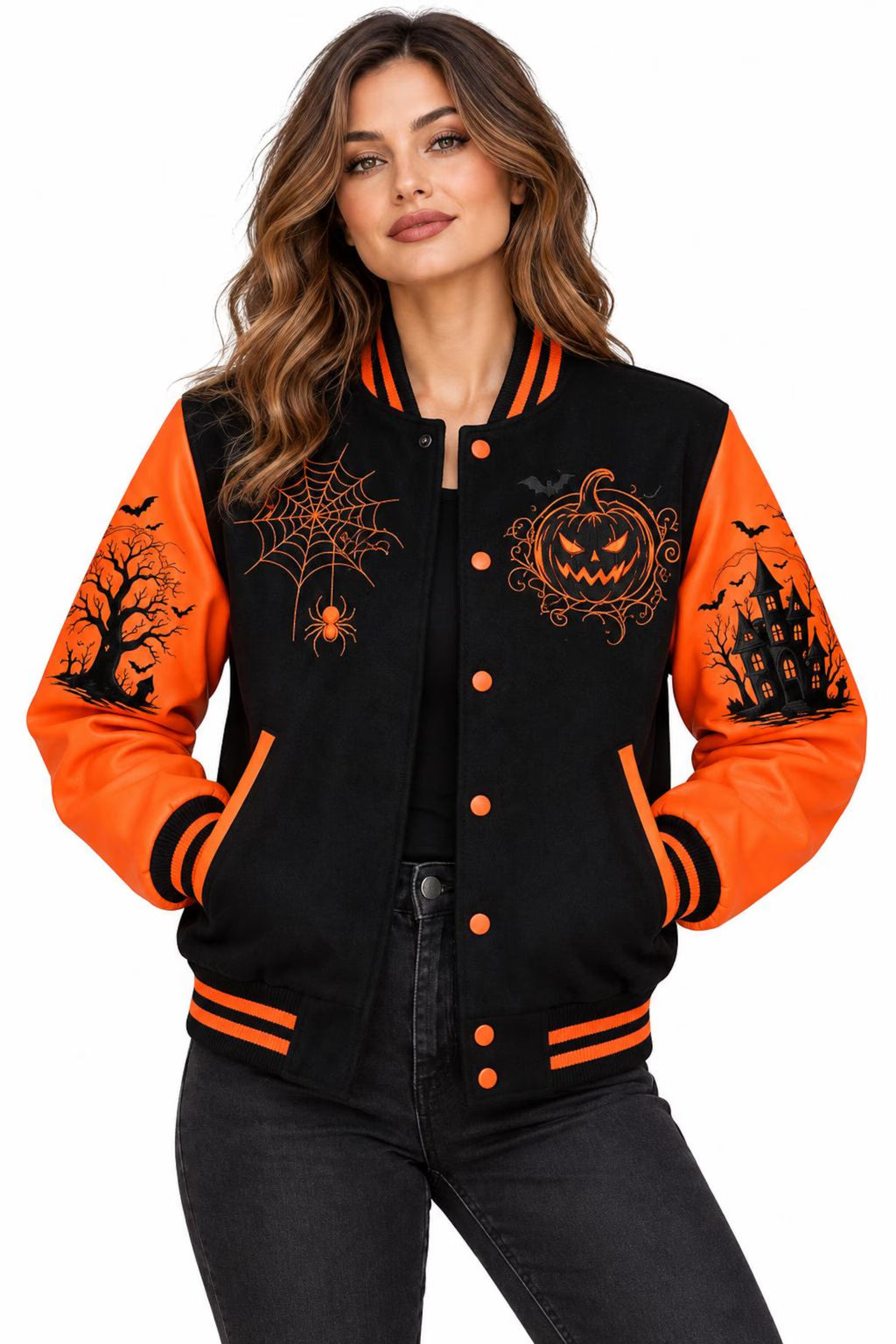 Women's Halloween Varsity Jacket – Black & Orange Wool Body with PU Leather Sleeves