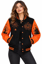 Women's Halloween Varsity Jacket – Black & Orange Wool Body with PU Leather Sleeves
