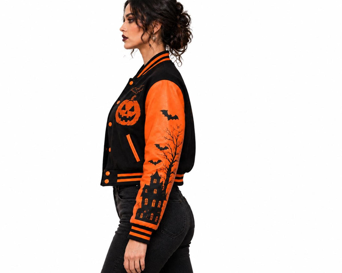 Women’s Halloween "Trick or Treat" Pumpkin Varsity Jacket – Wool Body with PU Leather Sleeves