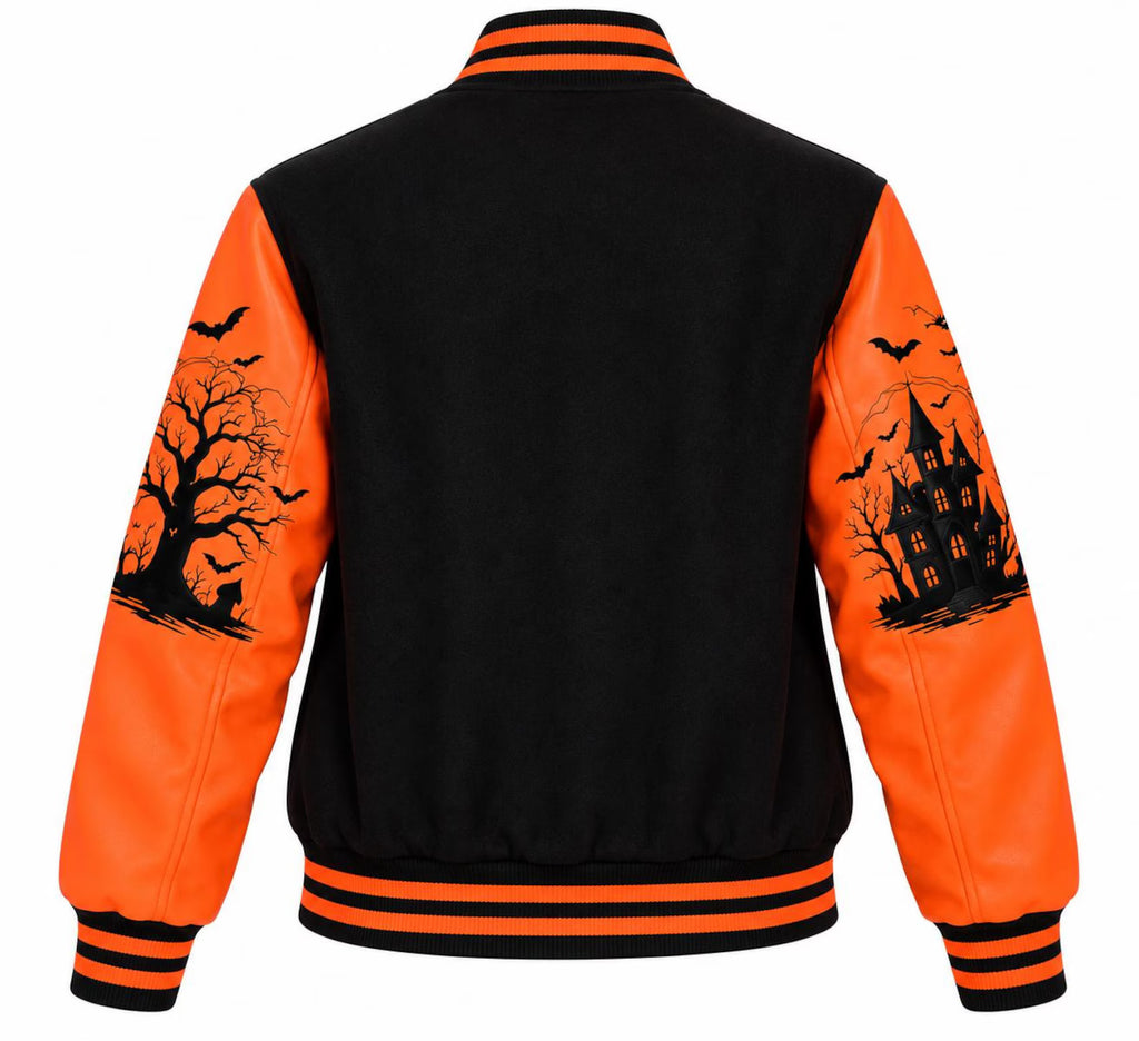 Women's Halloween Varsity Jacket – Black & Orange Wool Body with PU Leather Sleeves