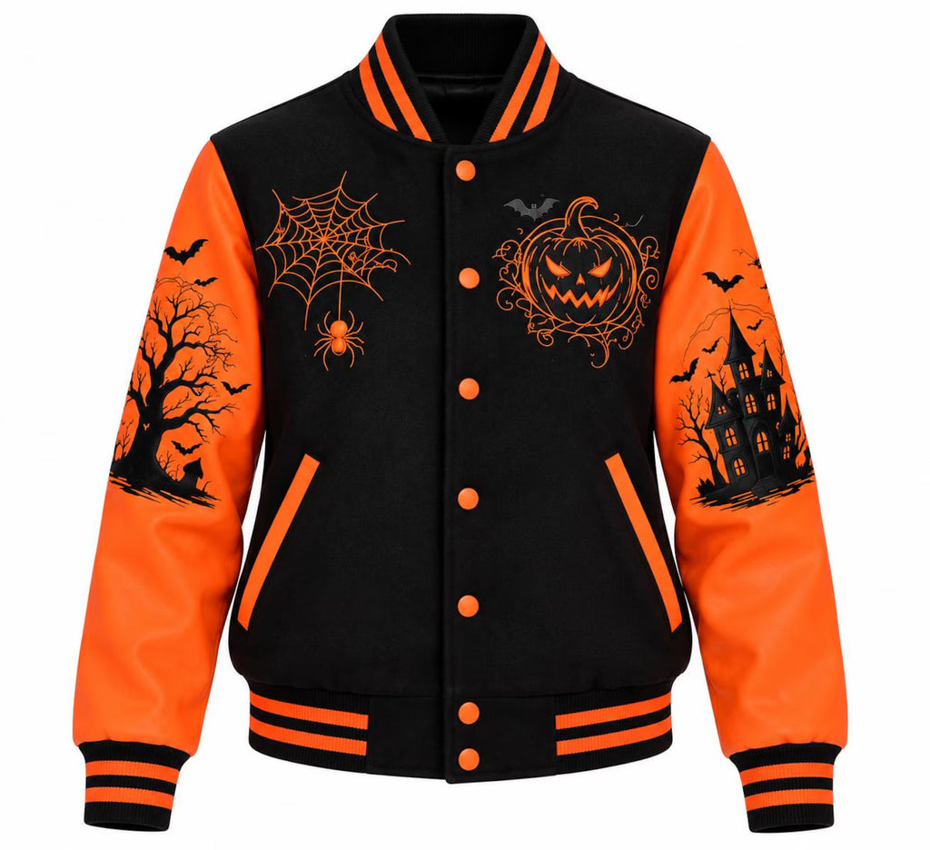 Women's Halloween Varsity Jacket – Black & Orange Wool Body with PU Leather Sleeves