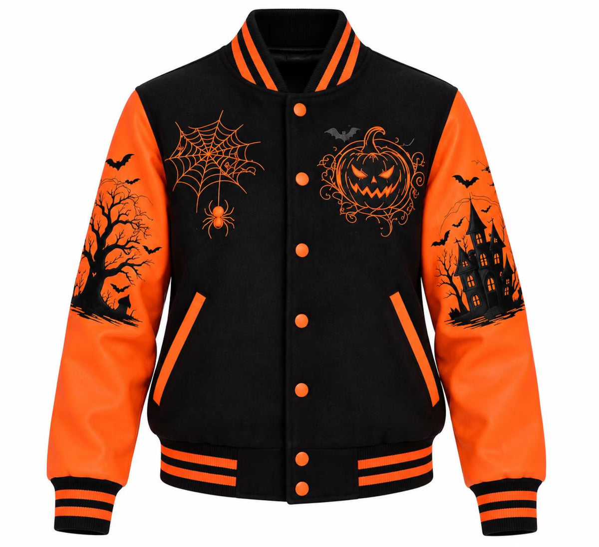 Women's Halloween Varsity Jacket – Black & Orange Wool Body with PU Leather Sleeves