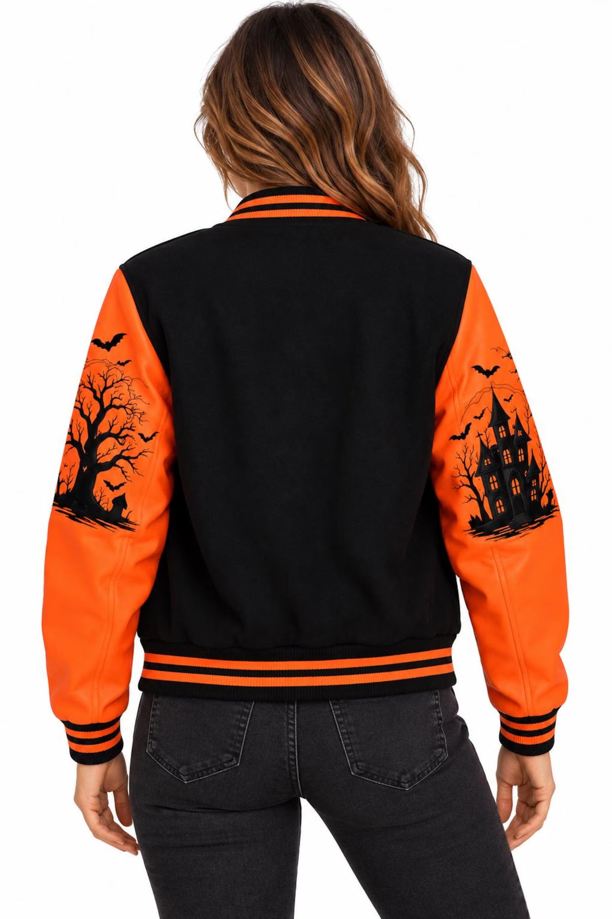 Women's Halloween Varsity Jacket – Black & Orange Wool Body with PU Leather Sleeves