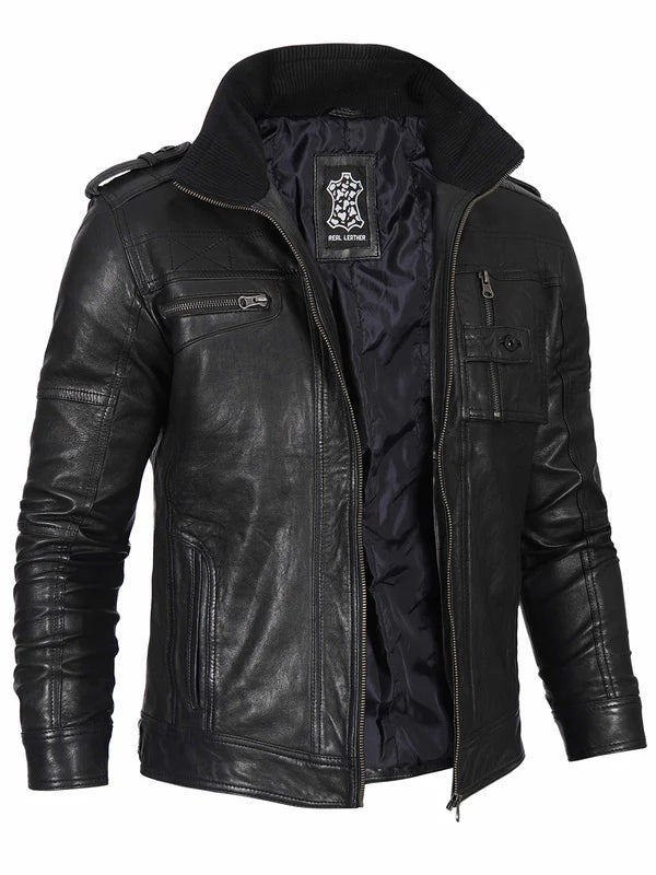Mens Black Waxed Cafe Racer Leather Jacket