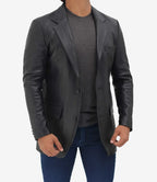 Mens Notch Lapel 2 Buttons Black Lambskin Leather Blazer