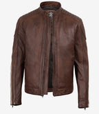 Men's Cognac Waxed Biker Style Jacket - Striped Sleeves