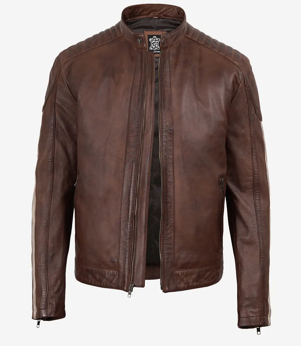 Men's Cognac Waxed Biker Style Jacket - Striped Sleeves