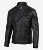 Men's Double Breasted Black Leather Blazer