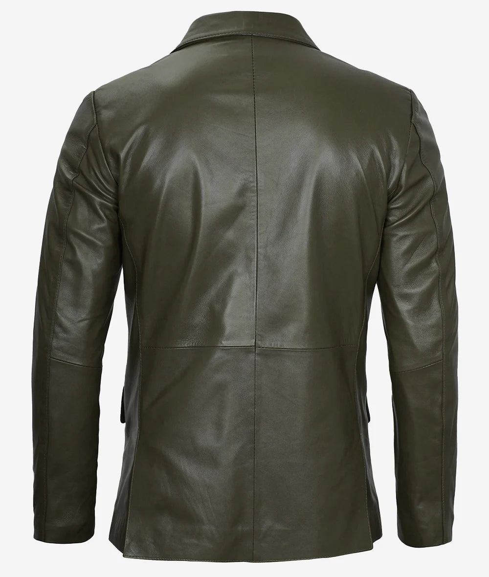 Mens Two Button Olive Green Leather Blazer