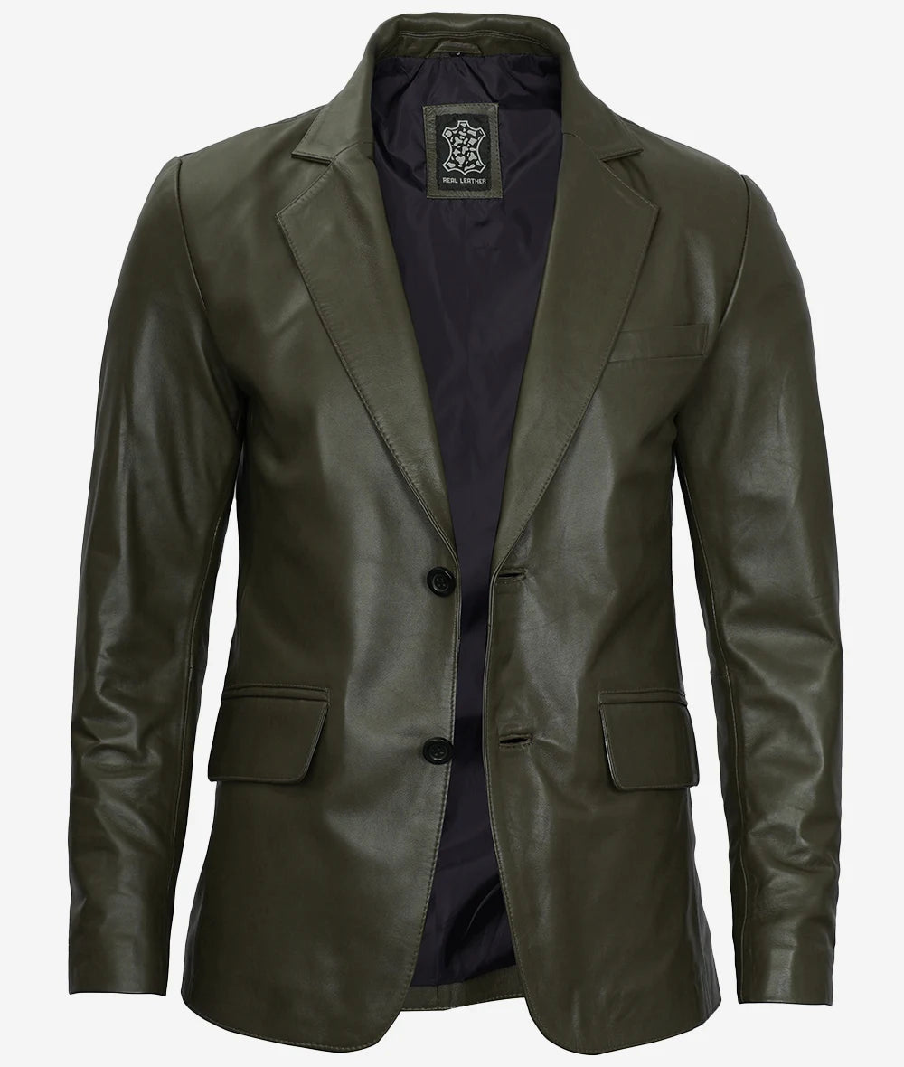 Mens Two Button Olive Green Leather Blazer