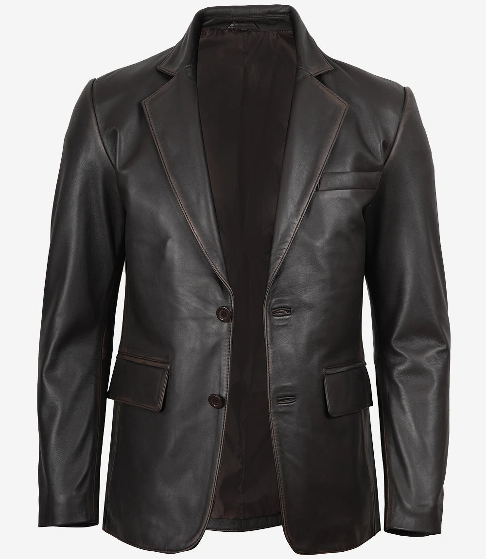 Mens Notch Lapel Distressed Brown Leather Blazer - Two Button