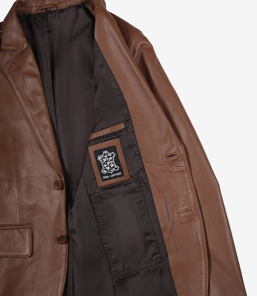 Mens Exclusive Two Button Real Leather Cognac Blazer