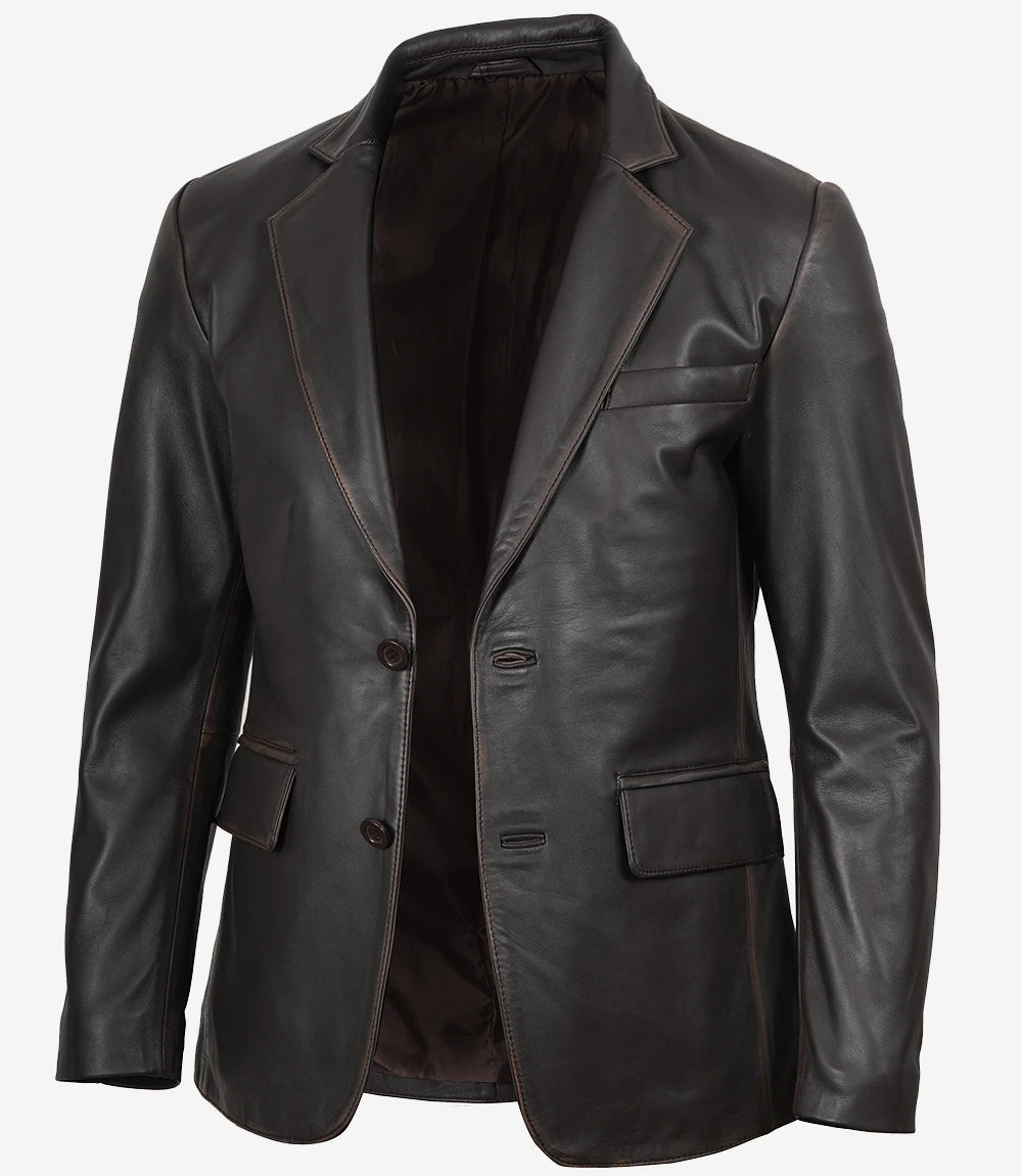 Mens Notch Lapel Distressed Brown Leather Blazer - Two Button
