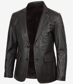 Mens Notch Lapel Distressed Brown Leather Blazer - Two Button