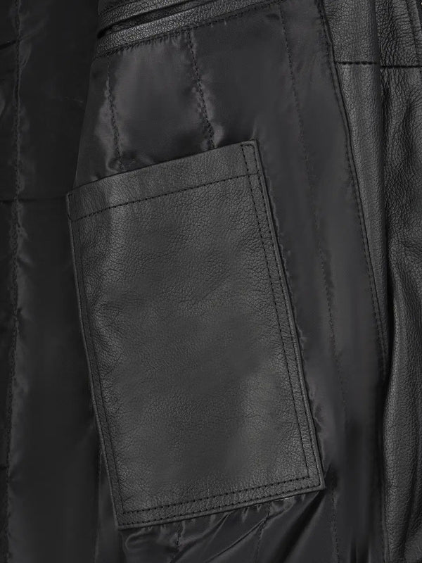 Men's Black Shirt Collar Cowhide Leather Jacket