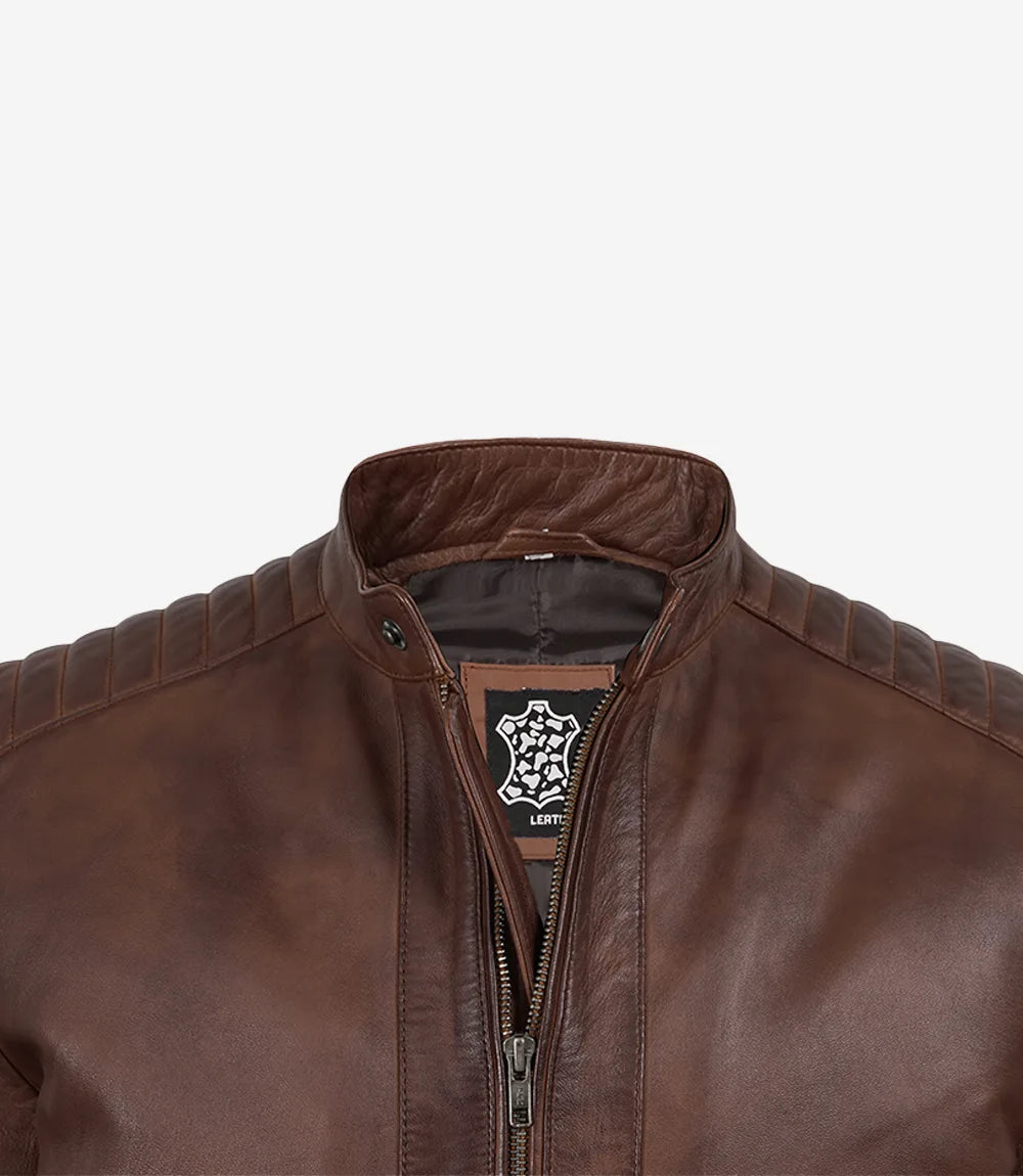 Men's Cognac Waxed Biker Style Jacket - Striped Sleeves