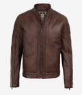 Men's Cognac Waxed Biker Style Jacket - Striped Sleeves