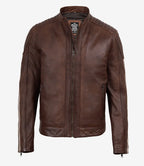 Men's Cognac Waxed Biker Style Jacket - Striped Sleeves