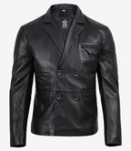 Men's Double Breasted Black Leather Blazer