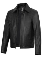 Men's Black Shirt Collar Cowhide Leather Jacket