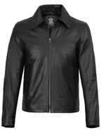 Men's Black Shirt Collar Cowhide Leather Jacket