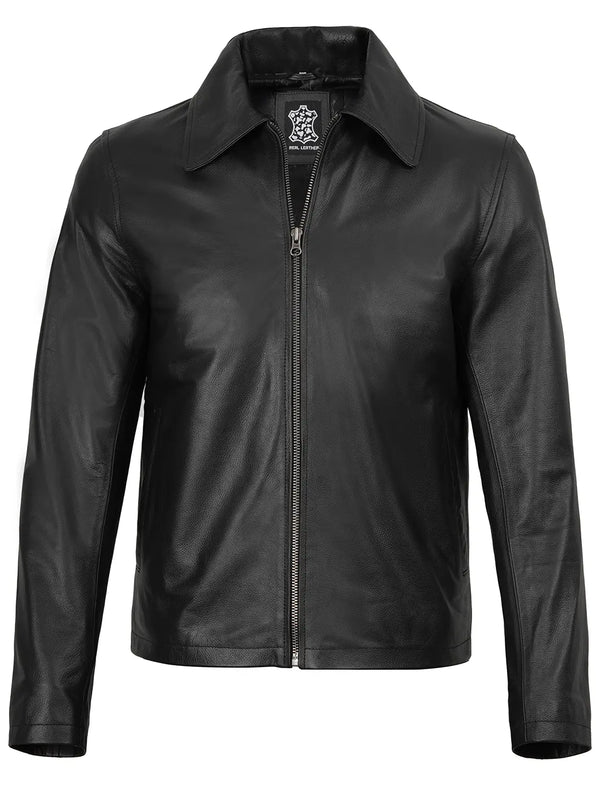 Men's Black Shirt Collar Cowhide Leather Jacket
