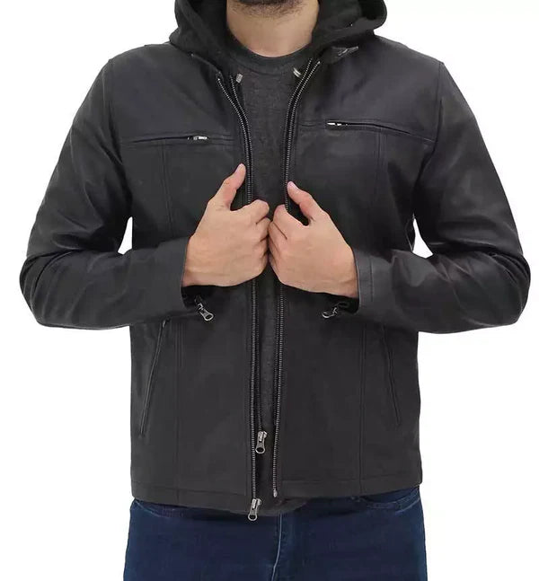 Mens Black Cafe Racer Leather Jacket with Removable Hood