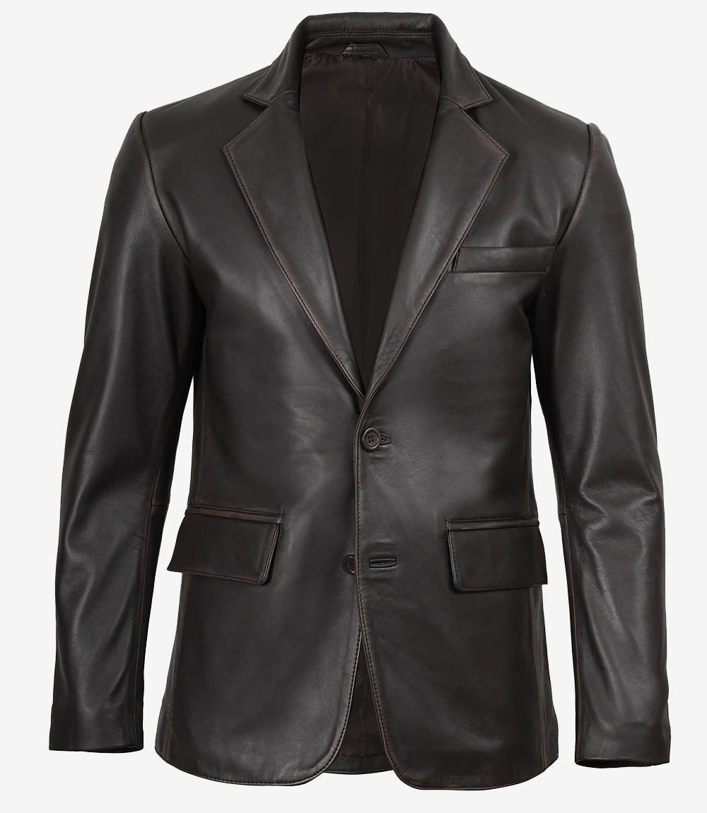Mens Notch Lapel Distressed Brown Leather Blazer - Two Button