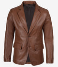 Mens Exclusive Two Button Real Leather Cognac Blazer