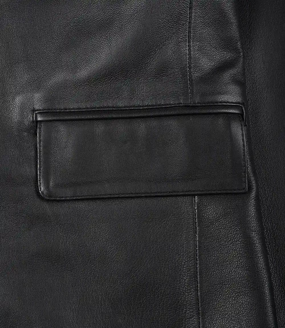 Mens Two Button Black Leather Blazer - Notch Lapel